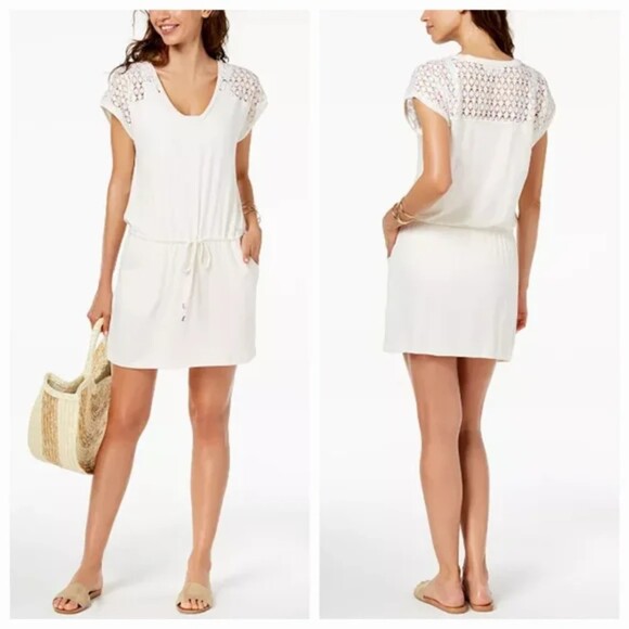 Calvin Klein Womens Crochet Shoulder Tunic Cover Up Drawstring Dress Sz S/M - Picture 8 of 8